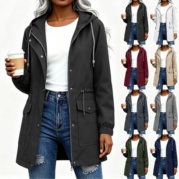 justHIGH Lined Light Rain Jacket Women Packable Long Raincoat with Hood Drawstring Waisted Waterproof Windbreaker Lightweight Outdoor Trench Coat Gray,M
