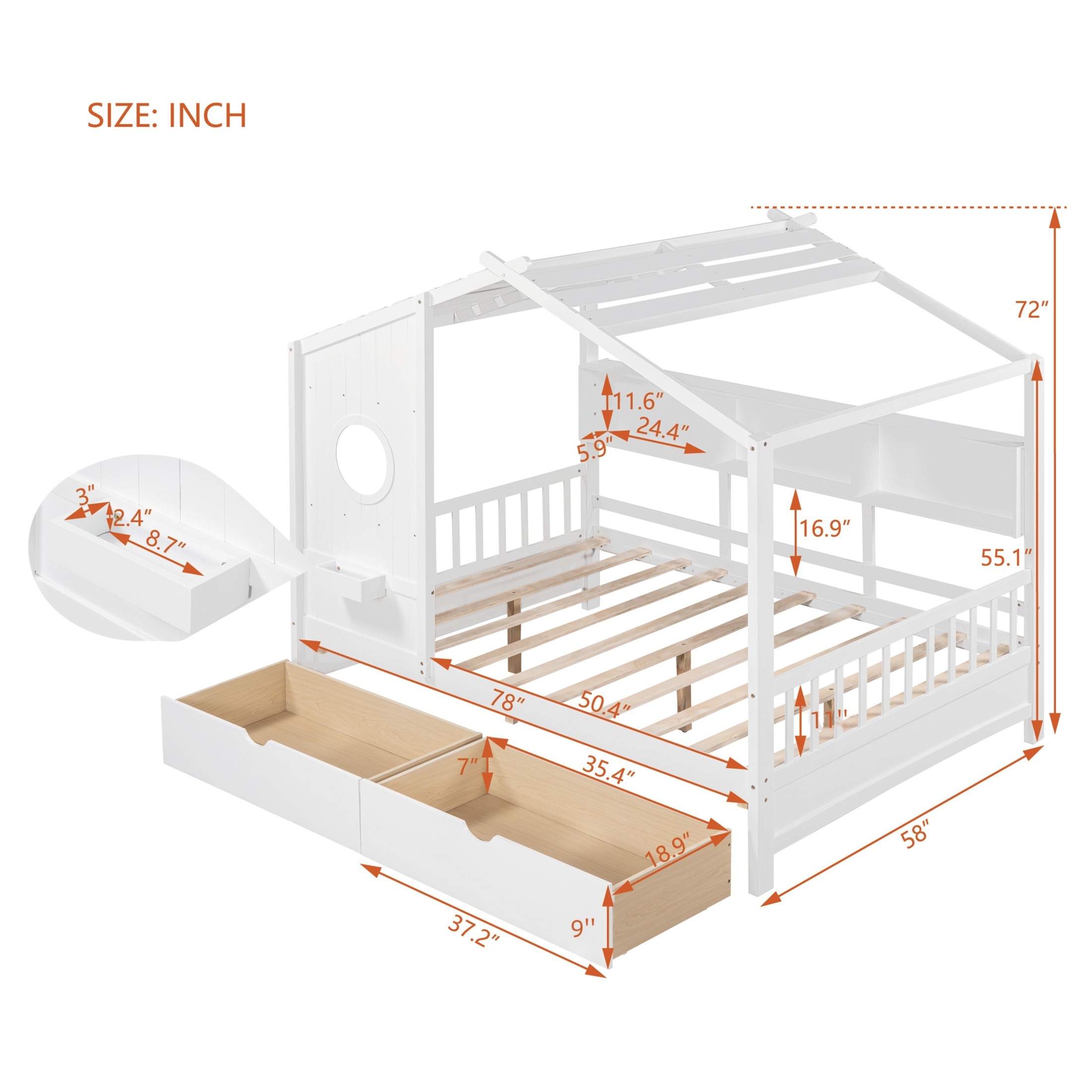 Noble House Wooden Full Size House Bed with 2 Drawers,Kids Bed with Storage Shelf, White