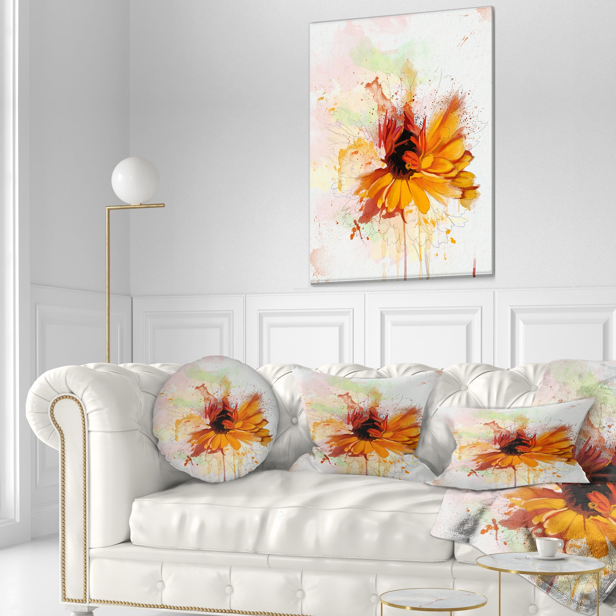 Designart Sunflower Drawing with Paint Splashes - Floral Throw Pillow - 12x20