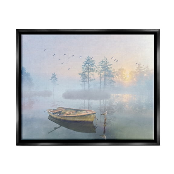 Stupell Dinghy Boat Foggy Pond Reflection Landscape Painting Black Floater Framed Art Print Wall Art