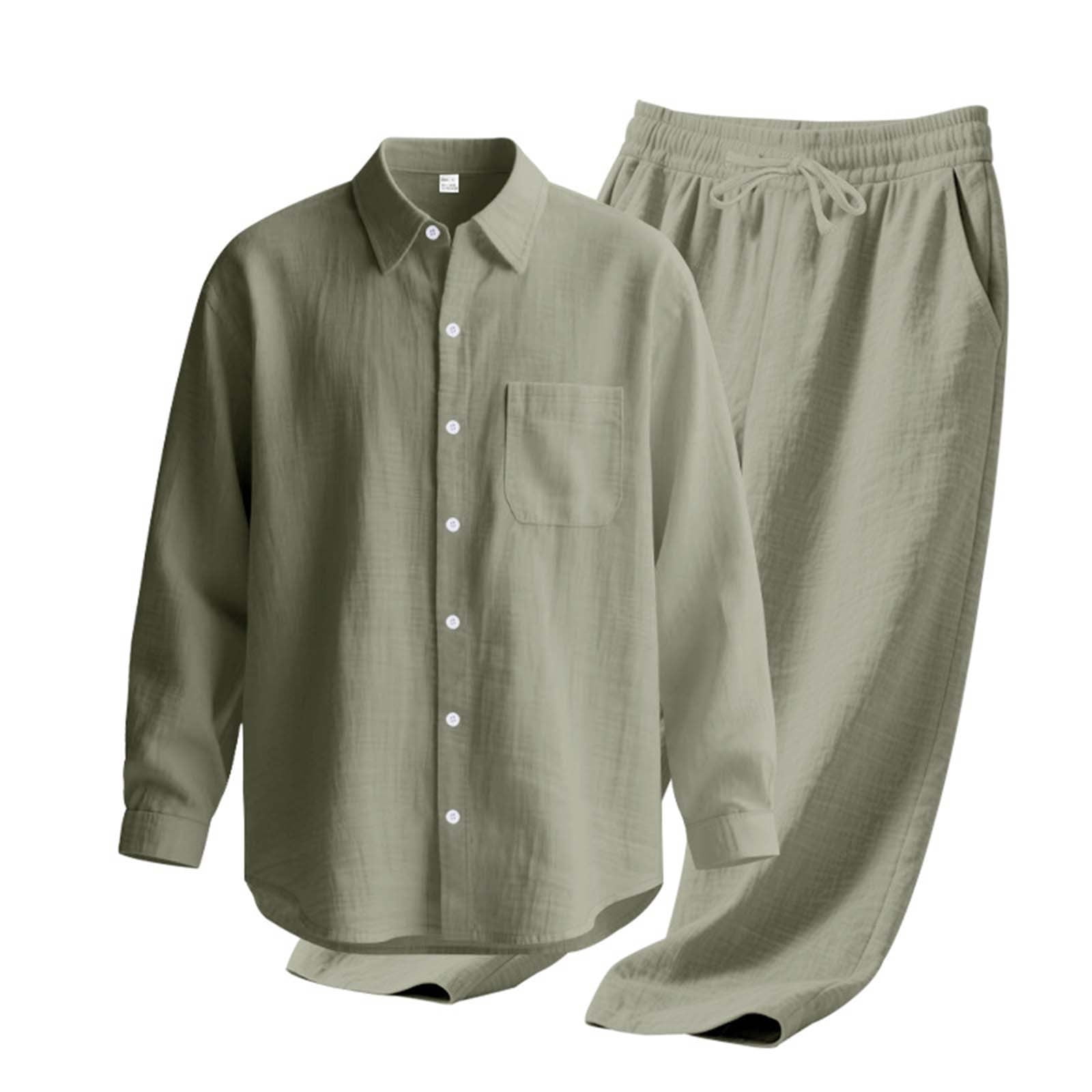 Men's Linen Casual Outfits Piece Solid Color Cuban Shirt and Pants Set Lightweight Beach Vacation Suit