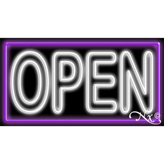 Double Stroke White Open With Purple Border LED Neon Sign 13 x 24 - inches, Black Square Cut Acrylic Backing, with Dimmer - Bright and Premium built indoor LED Neon Sign for storefront.