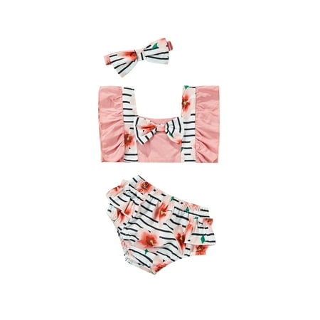 

Suanret Infants Baby Girl T-shirt and Shorts Set Cute Stripe Flower Fly Sleeve Tops and Triangle Short Pants Pink 3-6 Months