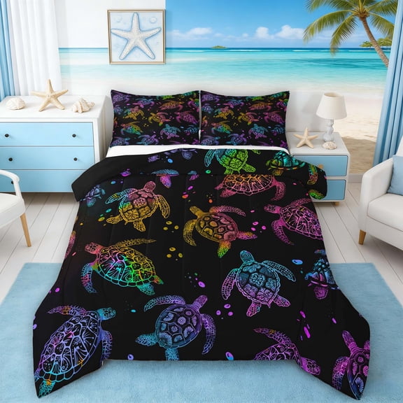 Manfei Rainbow Sea Turtle Full Size Comforter Sets for Kids Boys and Girls, Marine Animal Print Bedding Sets, Black Reversible 3pcs, 1 Comforter and 2 Pillowcases