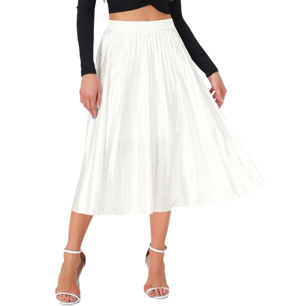 Falda midi plisada metálica con cintura elástica para mujeres INSPIRE CHIC XS blanca