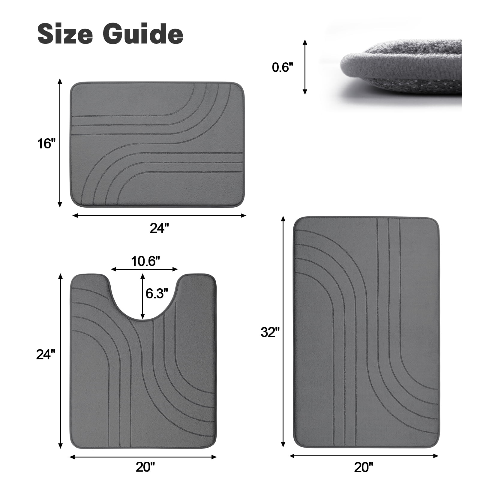 CHAKMEONE Bathroom Rug Sets 3 Piece,Non Slip Bath Mat Set with U-Shaped Toilet Rug,Super Absorbent Memory Foam Bathroom Floor Mats for Shower,Tub,Toilet,Gray