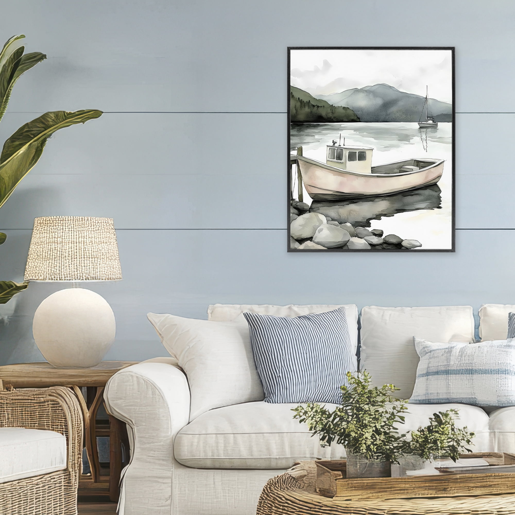 Stupell Industries Coastal Calm Docked Boat Black Framed Giclee Art, design by Riley B