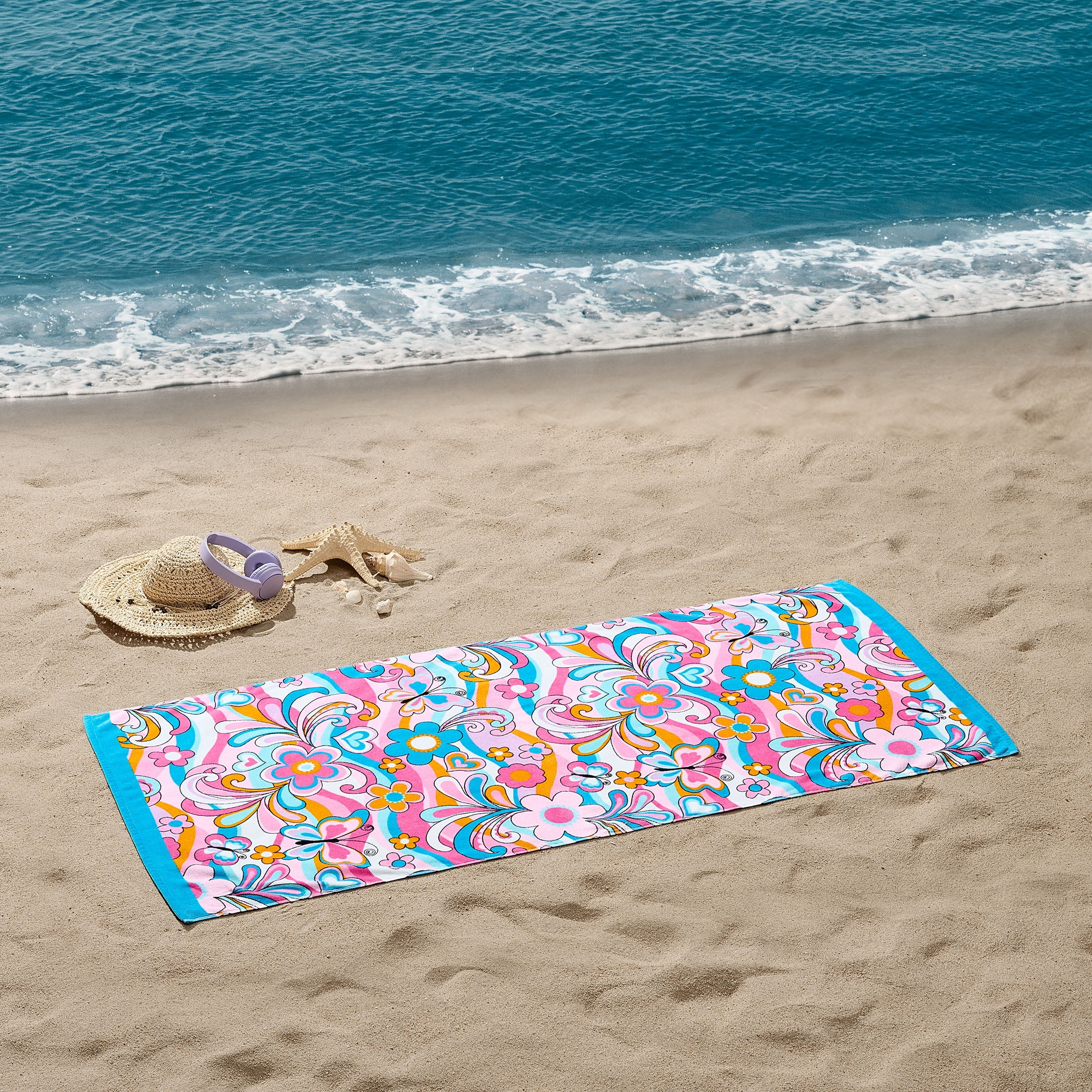 Mainstays Cotton Blend Multi-color Butterflies & Floral Beach Towel, 28" x 60"
