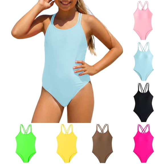 Girls Swimsuits Adjustable Straps Cross Back Swimwear Summer Blue Bathing Suit Girls Size 8-16 Years