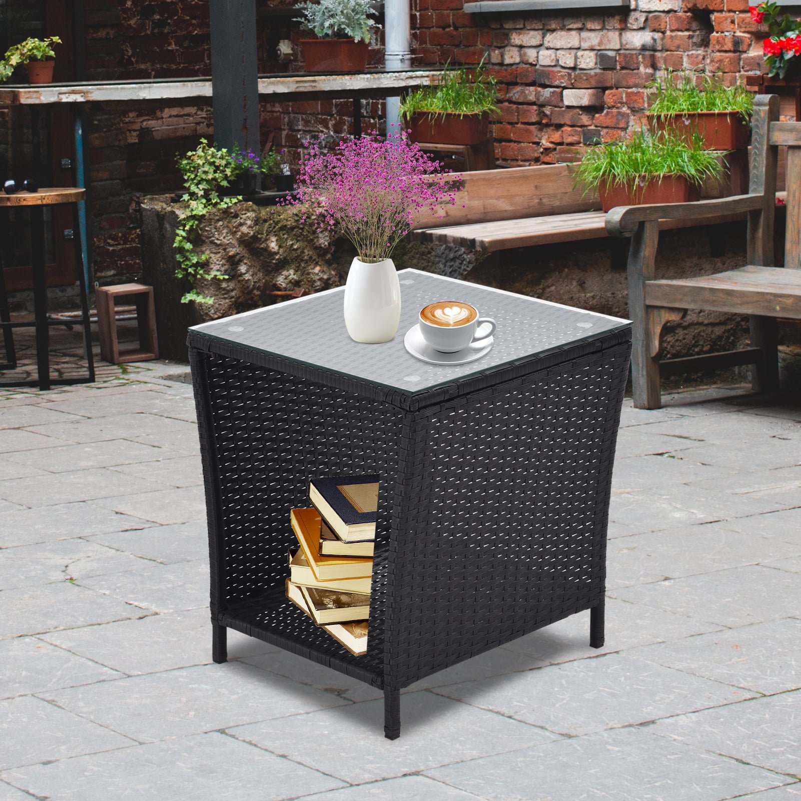 Black rattan outdoor side table discount