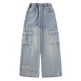 thumbnail image 3 of Coerni Girl's Elastic Waist Jean Cargo Pants Baggy Wide Leg Flap Pocket Denim Pants Girls Barrel Leg Jeans for Kids Softball Clothes, 3 of 9