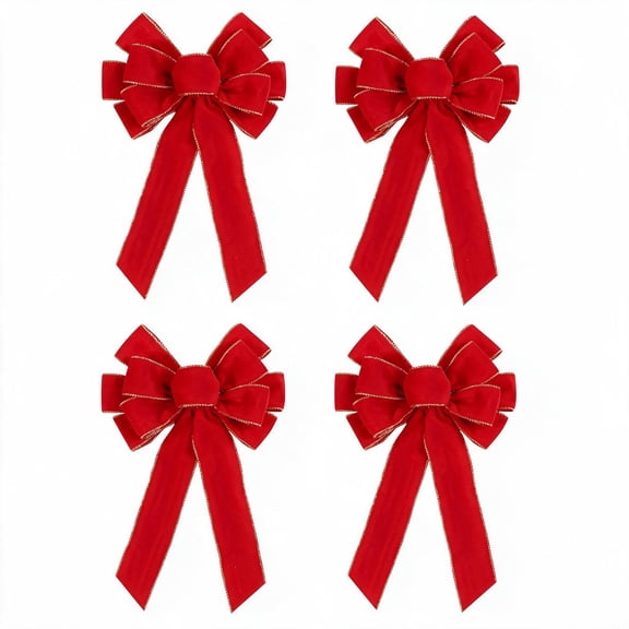 4 Pcs Large Red Christmas Bows Set, 10.6 x 19.7 Inch Velvet Decorative Bows with Gold Edge, Xmas Tree Wreath Garlands Ornaments for Holiday Home Party Gift Decor