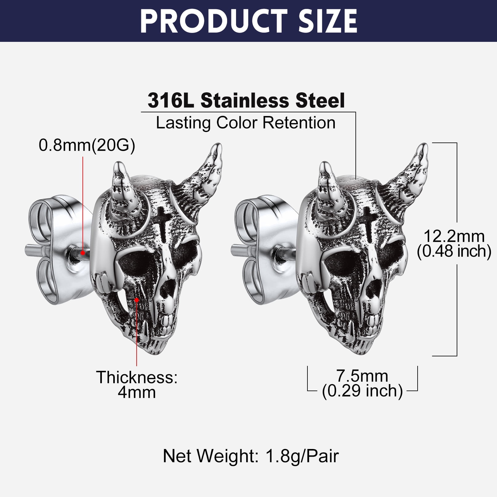 Bandmax Black Stainless Steel Skull Stud Earrings for Men Wowen Devil Skeleton Horns Earrings with Cross Symbol for Biker
