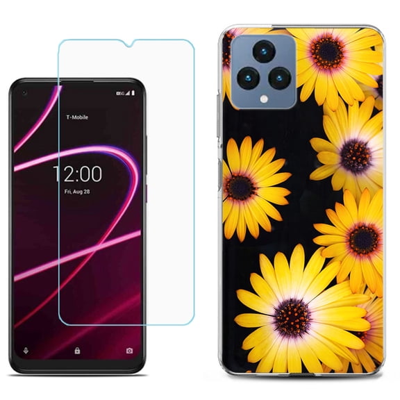 Slim-Fit Gel TPU Fashion Phone Case for T-Mobile Revvl 6 5G, with Tempered Glass Screen Protector, by OneToughShield ® - Yellow Flower