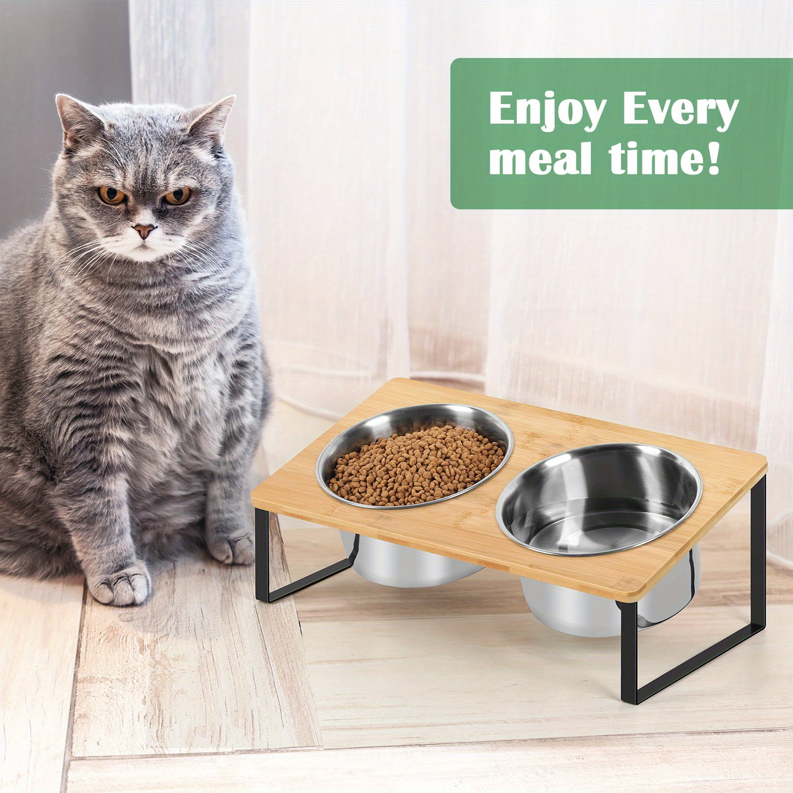 Bamboo Raised Dog Bowls 2 Pack with 10° Tilt, Elevated Pet Feeder Stand with 62.2oz Stainless Steel Bowls for Medium & Large Dogs or Cats