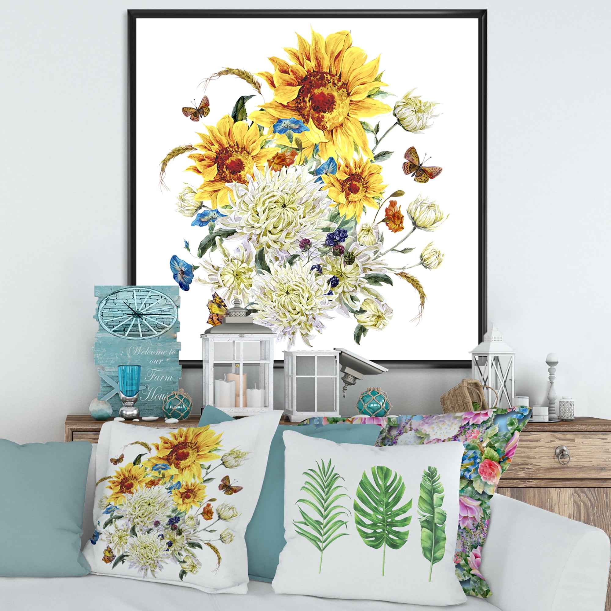 Designart 'Ancient Chrysanthemums and Sunflowers' Traditional Framed Canvas Wall Art Print