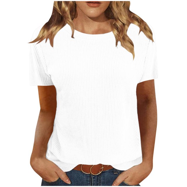 Timegard Hauts pour Femmes Col Rond Manches Courtes Côtelé Couleur Unie Blouse Confortable Tee-Shirt Basique Décontracté Ample