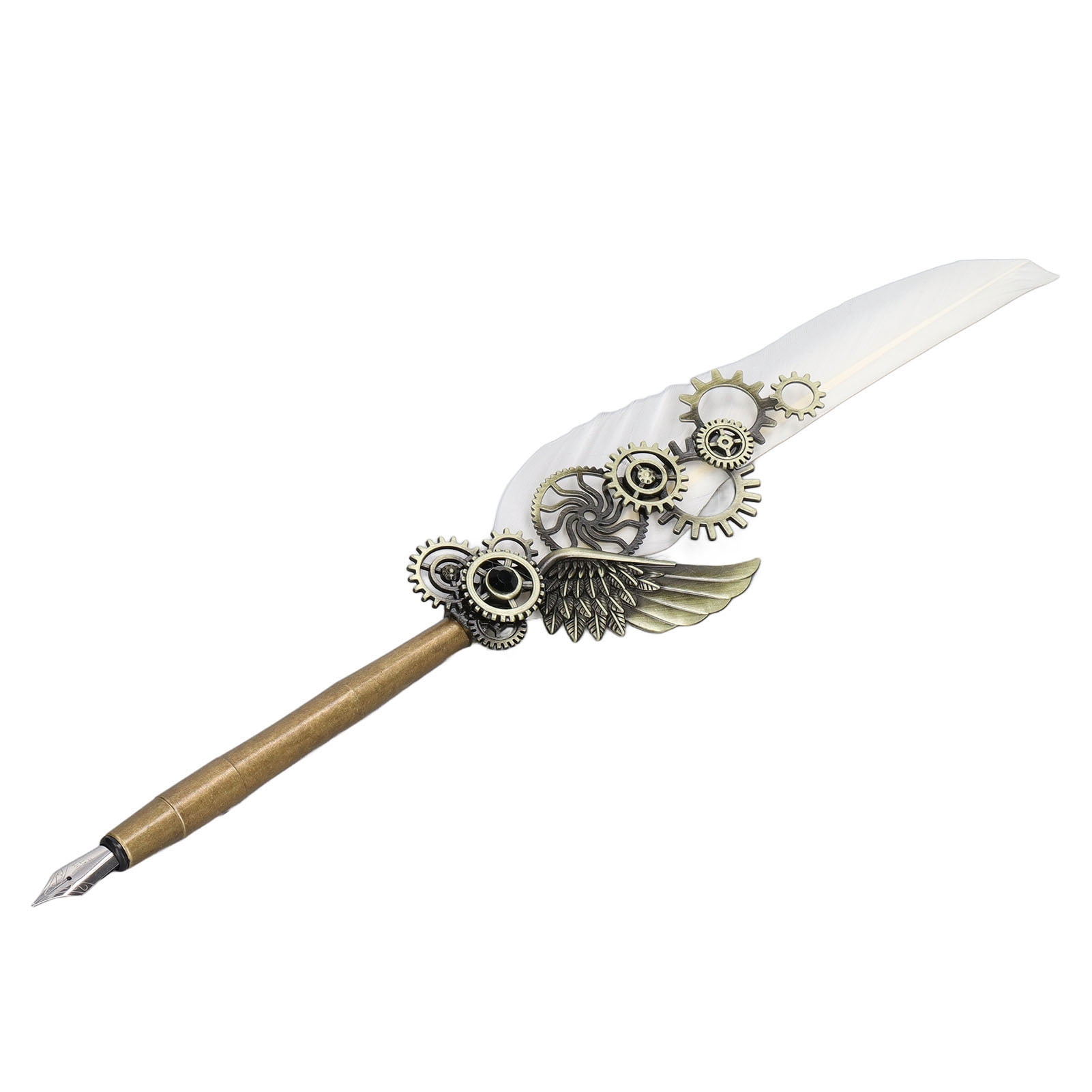 Nieyigj White Feather Pen Set Mechanical Texture Vintage Elegance Quill Ink Pen Calligraphy Art Kit with Metal Engraved Nib Notebook Stamp Perfect Corporate Gift for Desk Decor (11.4 inches / 29 cm)