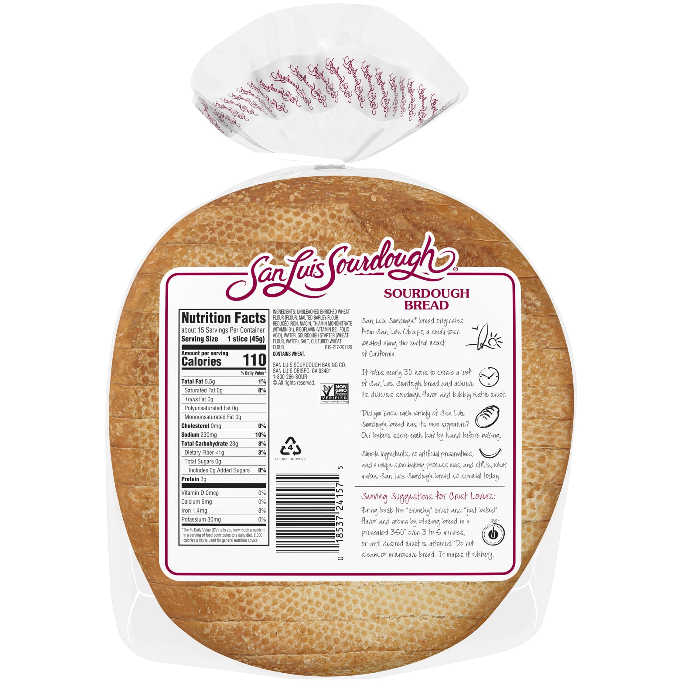 San Luis Sourdough Plain Sourdough Bread, 24 oz, Sourdough Bread, Bag