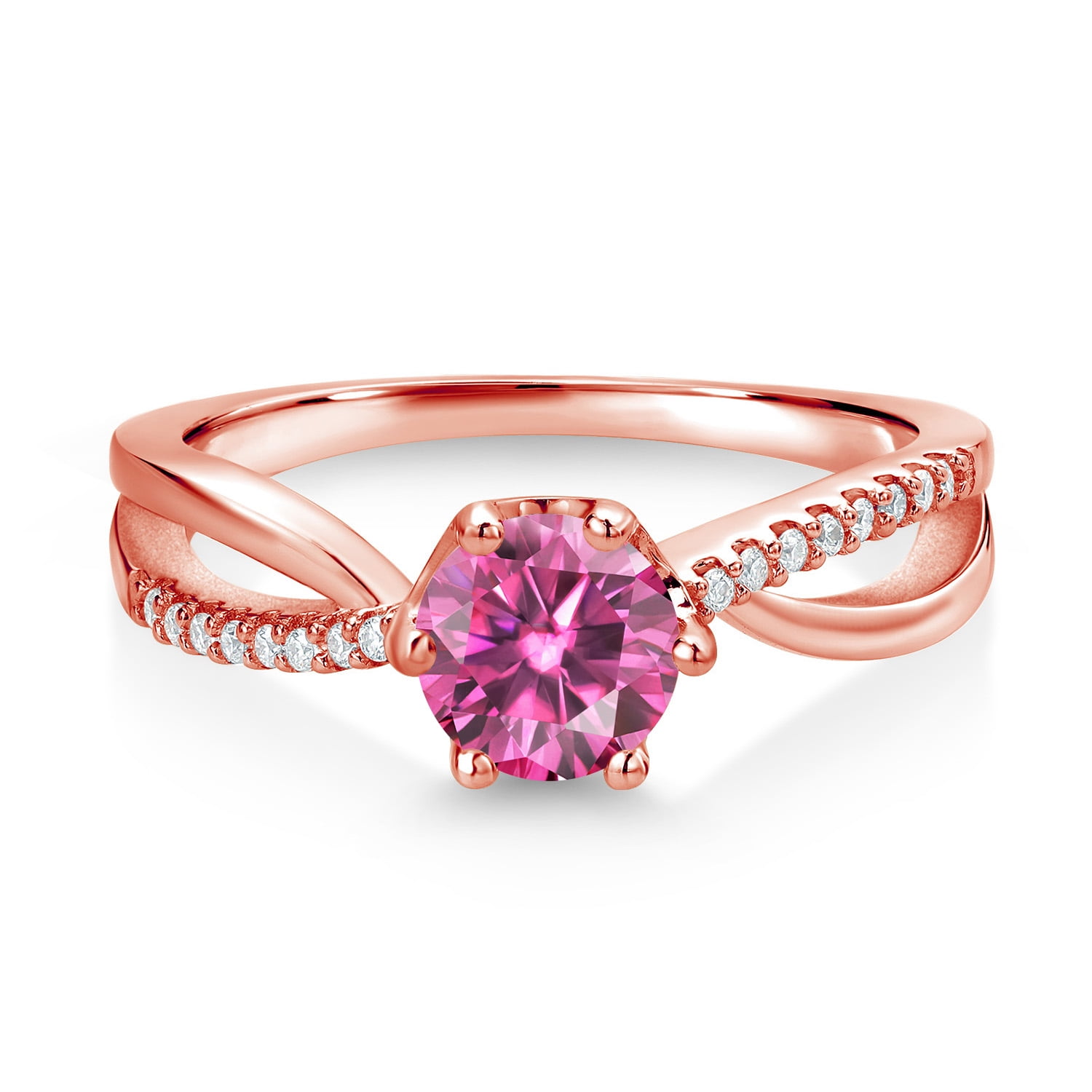 Gem Stone King 0.88 Cttw Round Pink Moissanite Ring for Women | 18K Rose Gold Plated Silver | Round 6MM | Wedding Engagement Anniversary Promise Ring for Women | Size 8