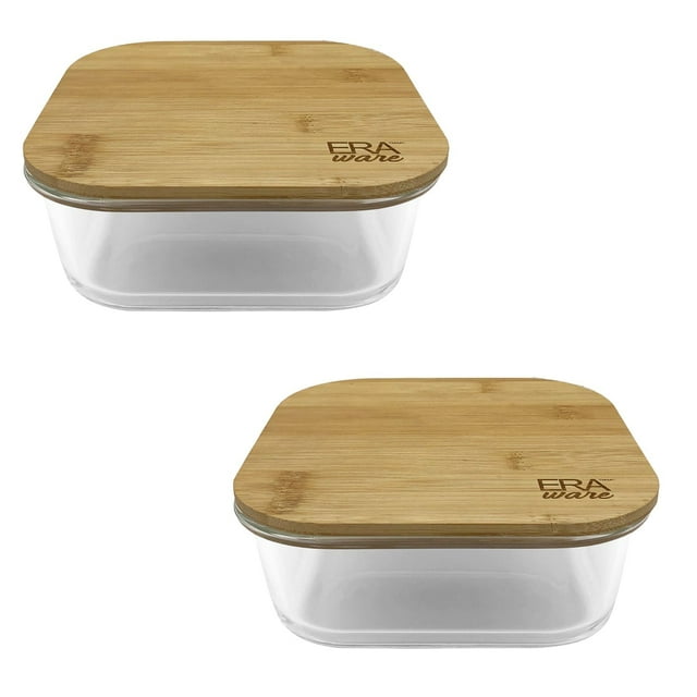 EraWare - Set of 2 Borosilicate Glass Container, Bamboo Lid, Oven Safe, 1200ml