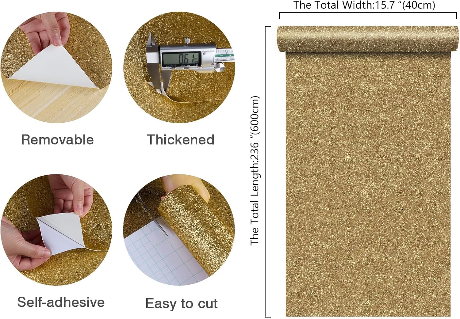 15.7''x236'' Champagne Gold Glitter Contact Paper Peel and Stick Glitter Wallpaper for Bedroom Self Adhesive Removable Fabric Wallpaper Decorative Sparkle Wall Paper for DIY Crafts Dresser
