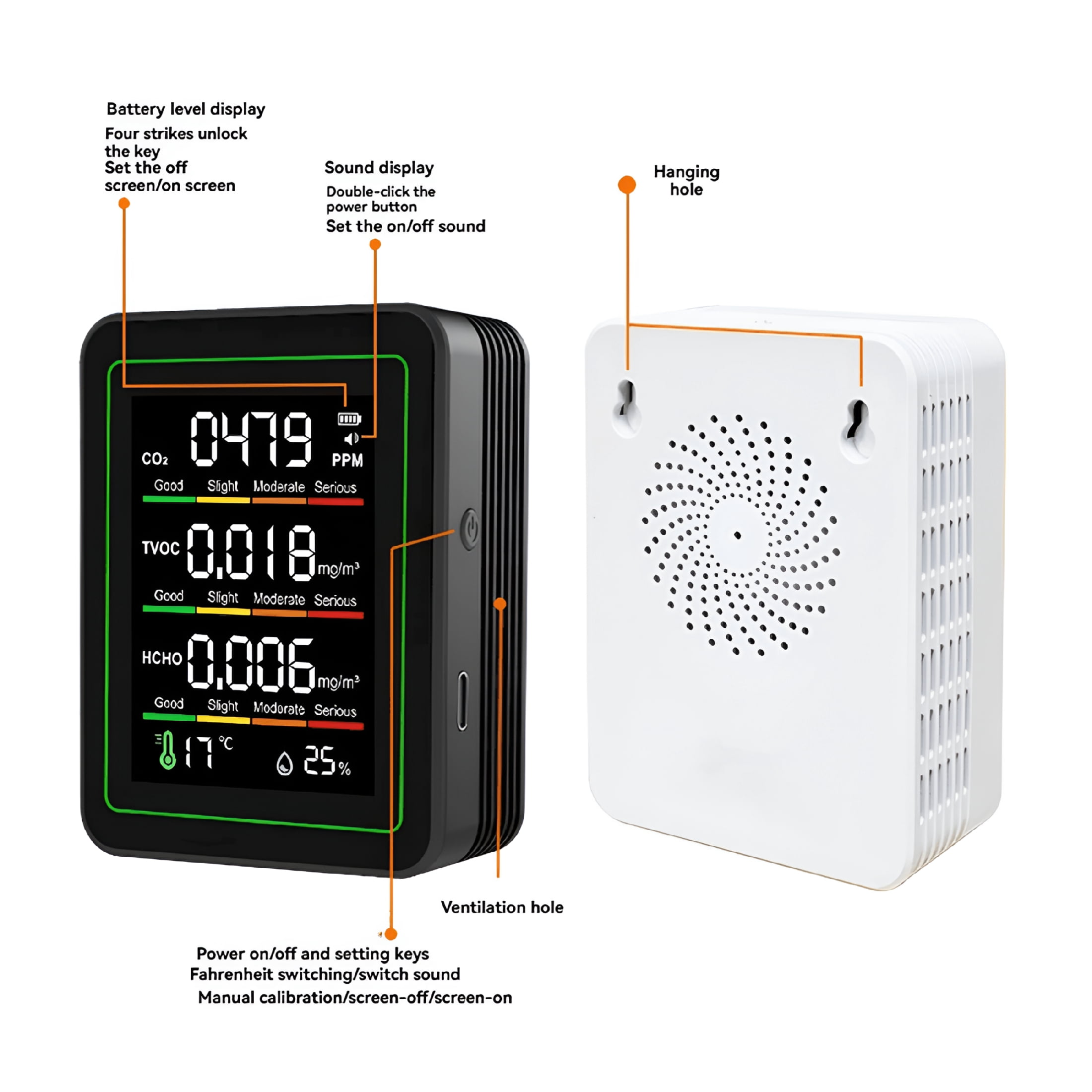 GJX Indoor Air Quality Monitor, CO2 Monitor/Temperature/Formaldehyde Detector TVOC for Rooms, Grow Tents with Bracket White, 1 x Air Quality Monitor with Bracket, White