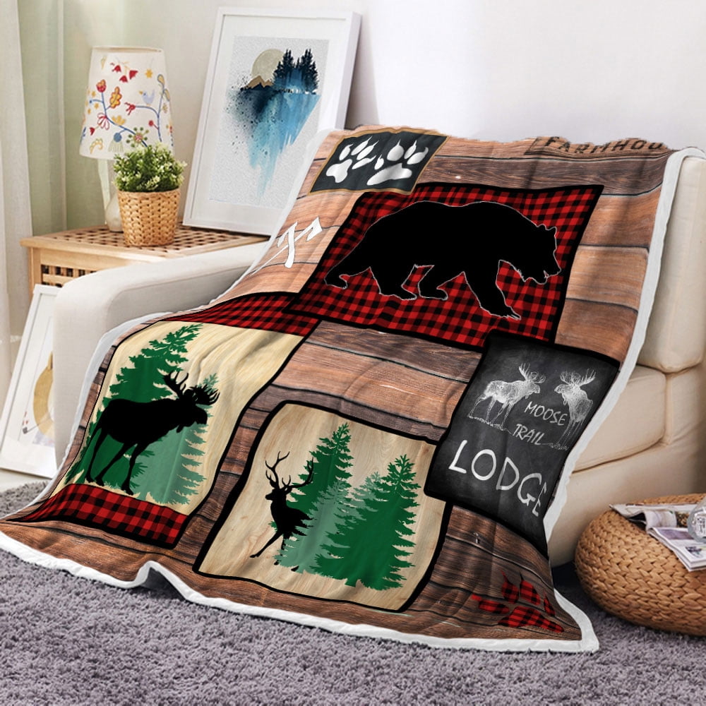 Cabin Throw Blanket, Rustic Adventure Bear Deer Hunting Wildlife Wild