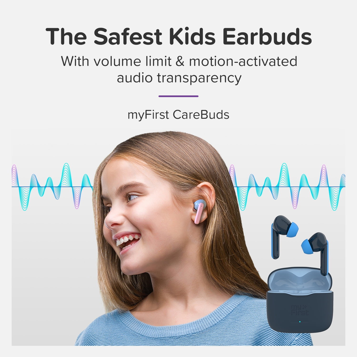 myFirst CareBuds (Space Blue) Kids Wireless Earbuds, 85dB Volume Limit, Built-in ENC Mic, 6 Ear Tips, Anti-Lost Strap, Bluetooth 5.3, IPX4 Waterproof, Gift for Kids 4-15