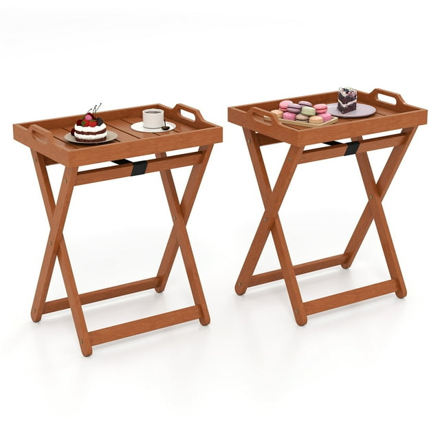 Gymax 2PCS Outdoor Wood Tray Table w/Removable Serving Tray & Folding Frame for Porch