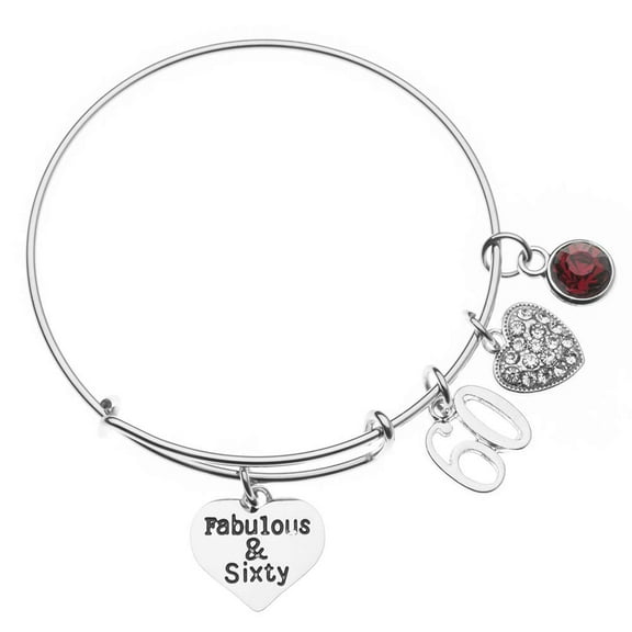 60th Birthday Gifts for Women, 60th Birthday Charm Bracelet with Birthstone, Adjustable Bangle, 60th Birthday Gift Ideas (January)