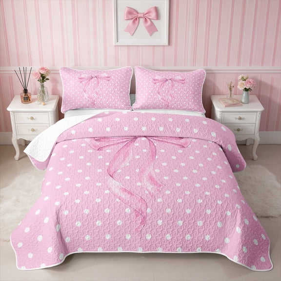 Erosebridal Blush Satin Bow Ribbon Twin Quilt Set for Girls, Romantic Floral Print Twin Coverlet Set, 2pcs 1 Bedspread and 1 Pillowcase
