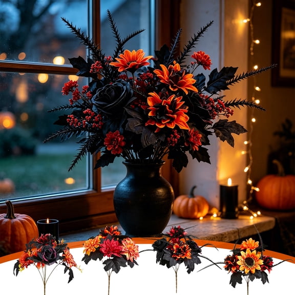 Voglyf Halloween Bouquet Dark Wind Rose Sunflower Dahlias Flower, Dark Tone Bloom With Black Foliage, Fake Floral Arrangement for Vase Table Porch Mantel Autumn Halloween Party Gift,Orange