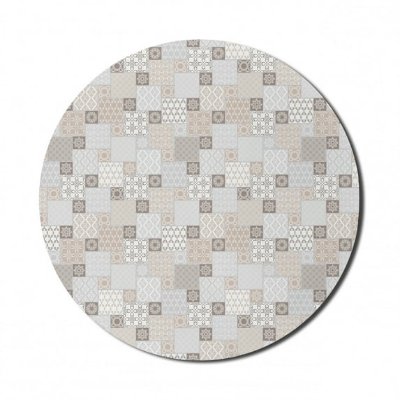 East Mouse Pad for Computers, Oriental Checkered Pattern Grid Style Patchwork Design Mosaic Ornamental Design, Round Non-Slip Thick Rubber Modern Mousepad, 8" Round, Grey Tan Taupe, by Ambesonne