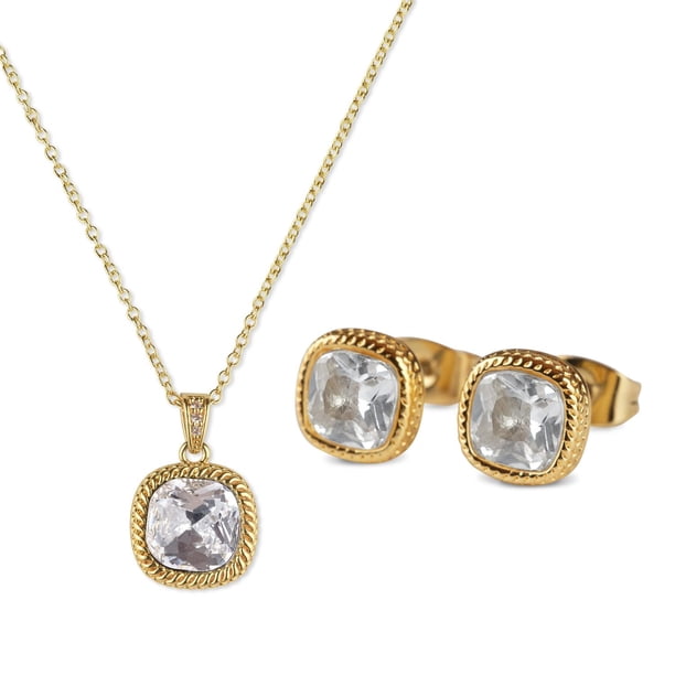 Set de Joyería para Mujer Oro 14k o Plata con Zirconia Cúbica LuckyLy, Juego de Collar y Aretes Mujer, Modelo Cleo Azul dorado UNITALLA