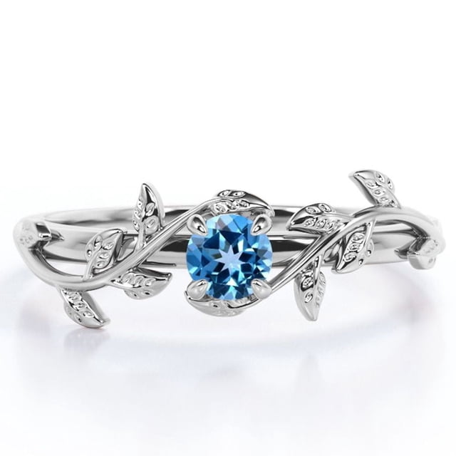 JeenMata Anillo de Compromiso Solitario con Diseño de Hojas y Topacio Azul Claro Redondo de 0,50 Quilates Chapado en Oro Blanco de 18 K sobre Plata