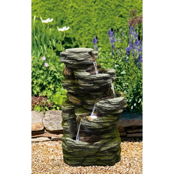 MULTILEVEL STONE FOUNTAIN WITH 3 COOL WHITE LED LIGHTS