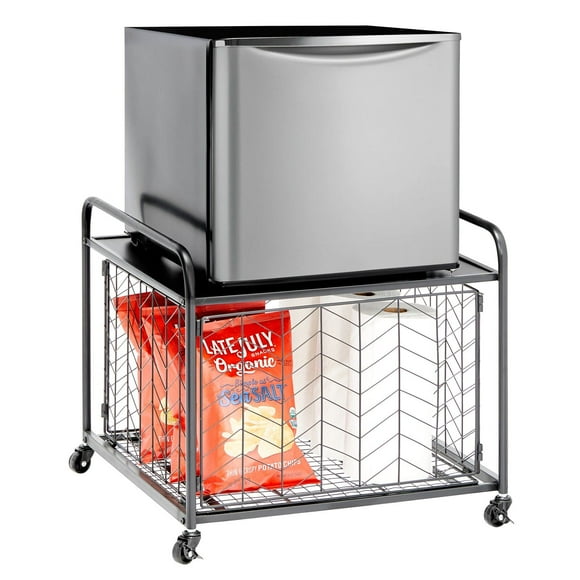 mDesign Small Portable Mini Fridge Storage Cart with Wheels and Handles - Mobile Refrigerator, Microwave, Appliance Platform Table with Drawer Basket for Dorm Room, Studio, Apartments - Black