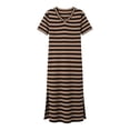 thumbnail image 6 of ClodeEU Women's Striped V Neck Short Sleeve Side Split Midi Dress,Soft Knit Casual Summer Dress Khaki,Women's Plus M, 6 of 6