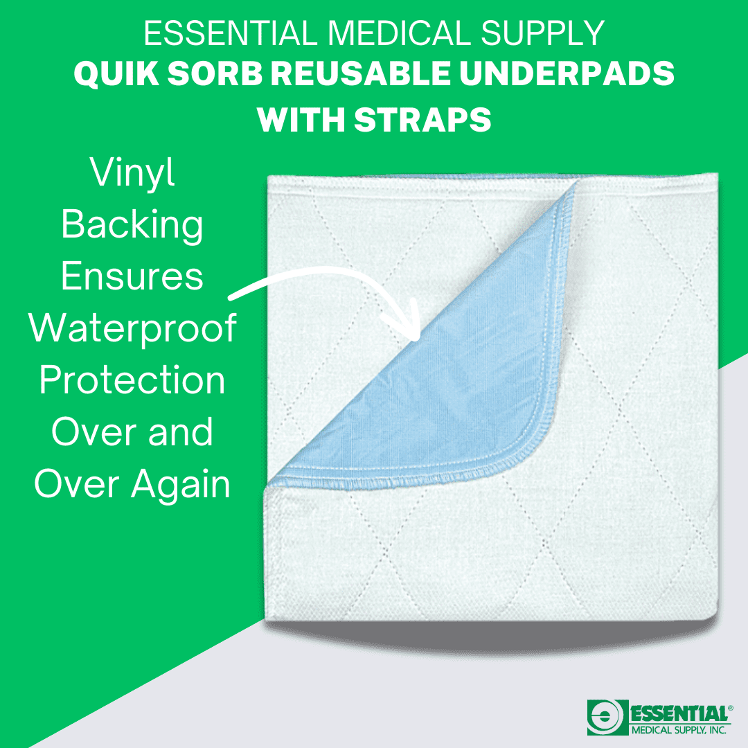 Essential Medical Supply Quik-Sorb 34" x 35" Quilted Reusable Underpad with 4 Straps - Waterproof Incontinence Bed Pads for Adults and Seniors, Washable Bed Pads with Handles for Caregivers