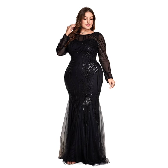 AURA Plus Size Evening Dress Long Sleeve Slim Fit Fishtail Party Gown Round Neck Zipper Women 0XL–4XL