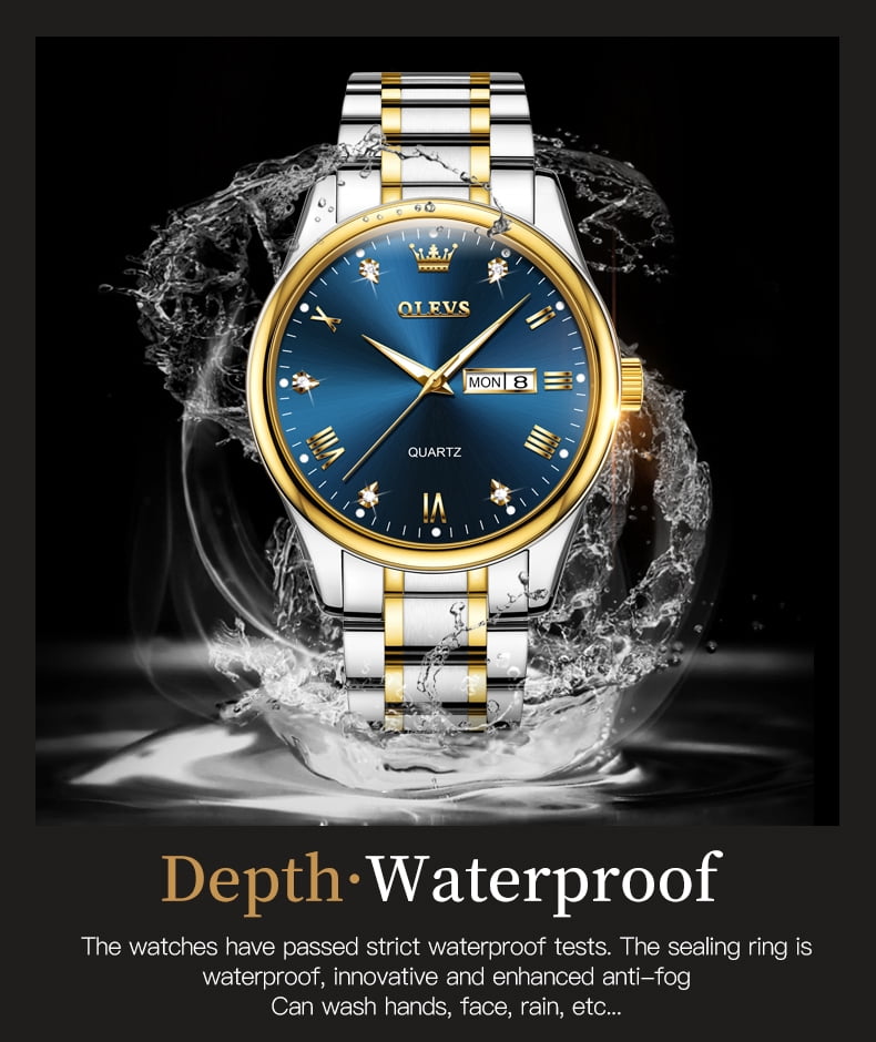 OLEVS Watches for Men Classic with Date Business Dress Luxury Diamond Gold/Black/Blue Waterproof Luminous Mens Wrist Watches Analog Two Tone Stainless Steel Male Reloj para Hombre