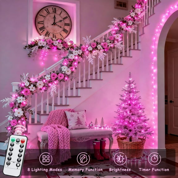 SHILIU-33ft 100 LED Pink Christmas Lights, Pink Battery Operated Lights with 8 Modes Remote, Indoor Outdoor String Light for Bedroom Christmas Party Tree Decorations