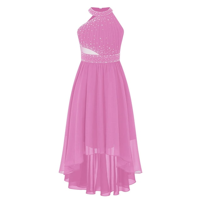 ranrann Robe de Fête de Mariage pour Filles Enfants Col Halter avec Strass Robe de Demoiselle d'Honneur Ourlet Haut-Bas Rose 16