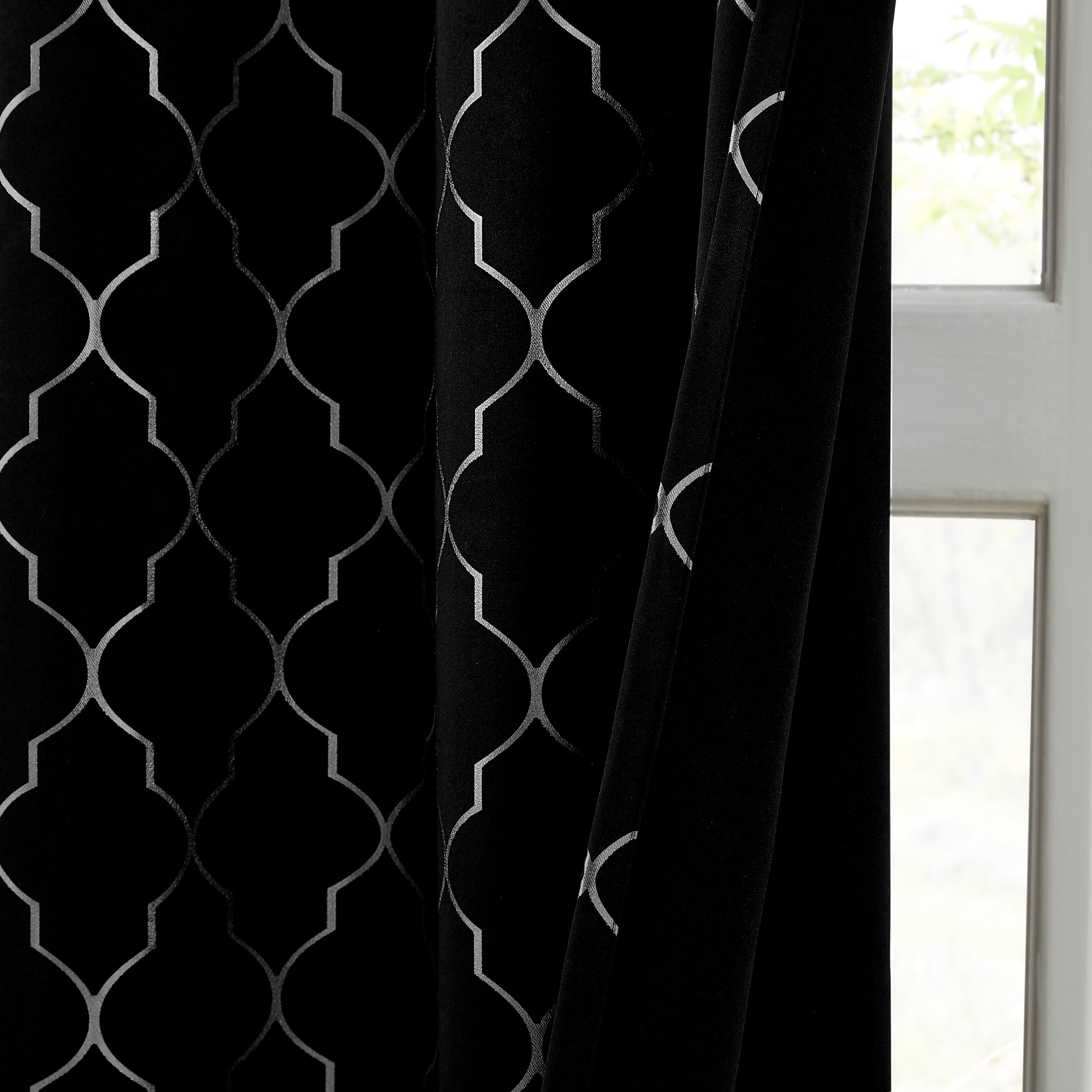 Bohogeo 84 Inches Full Blackout Window Curtain Panels for Bedroom Living Room,Silver Geo Metallic Moroccan Printed Pattern on Black Drapes,Modern Room Darkening Window Treatment,52" Wx84 L(Pack of 2)