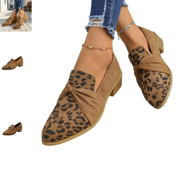 YOUYEDIAN Loafers for Women Pointed Toe Fashion Slip On Versatile Block Heel Shoes Casual Comfy Leopard Print Dress Shoes