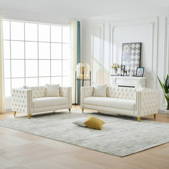 Newest Velvet Sofa,3 2 Seater Deep Seat Sofa,Modern Sofa with Button Nailhead,Square Arm Couches,Furniture for Living Room,Bedroom,Office(Beige)