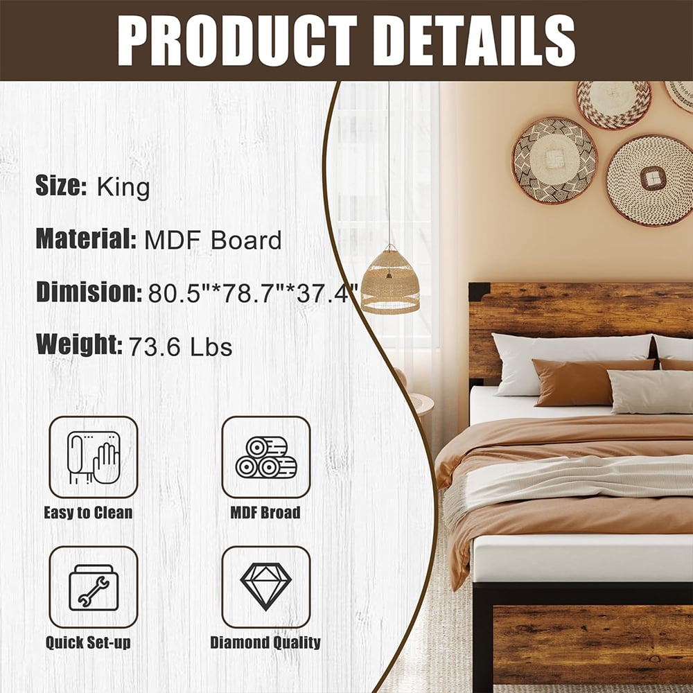 Cabihome King Bed Frame, Retro Bed Frame with Wood Headboard and Metal Legs, No Box Spring Needed, -Rustic Brown