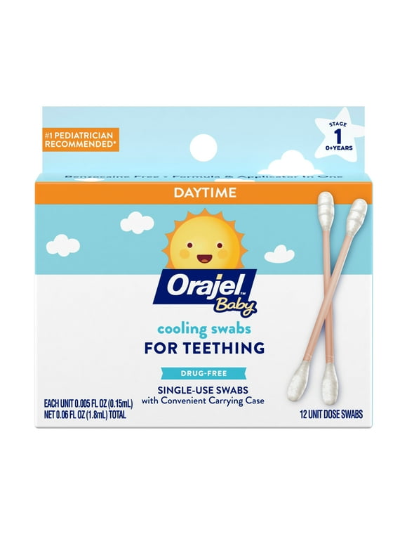 Orajel Baby Cooling Swabs for Teething, Relief of Painful Swollen Gums, Drug-Free, 12 Swabs in Carrying Case