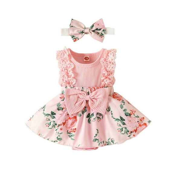 Weebloom Baby Girl Clothes Set Sleeveless Lace Trim Tank Jumpsuit 0-1 Year Flower Bow Dress Headband Girls Romper Pink 9-12 Months